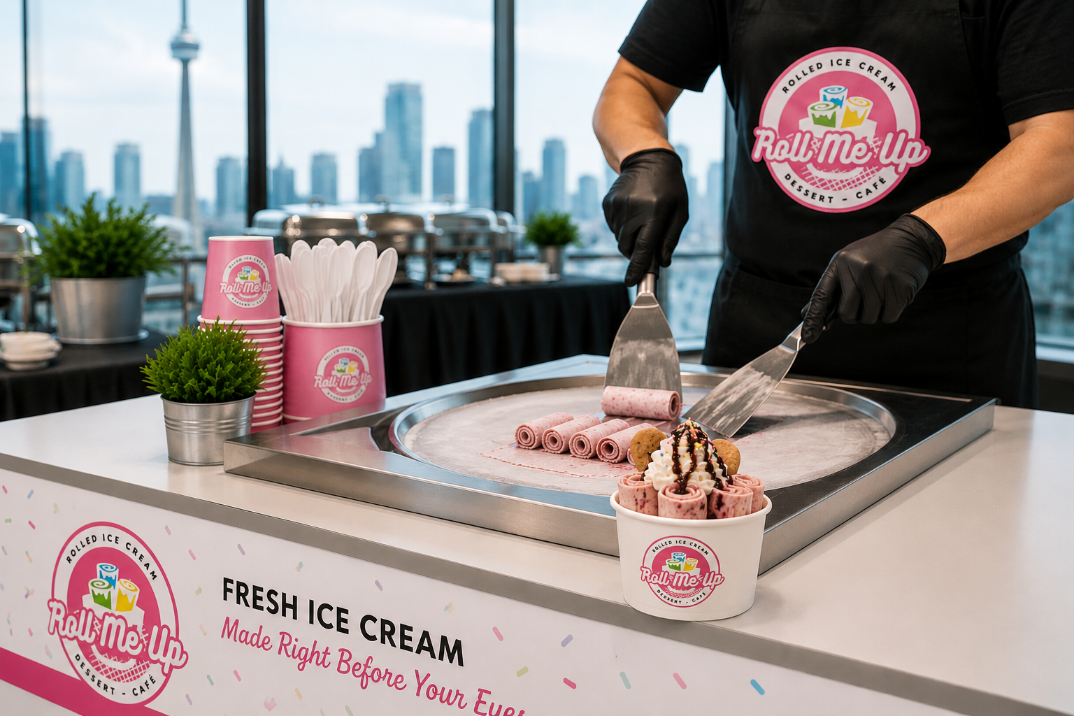 A live rolled ice cream station serving guests at a corporate event