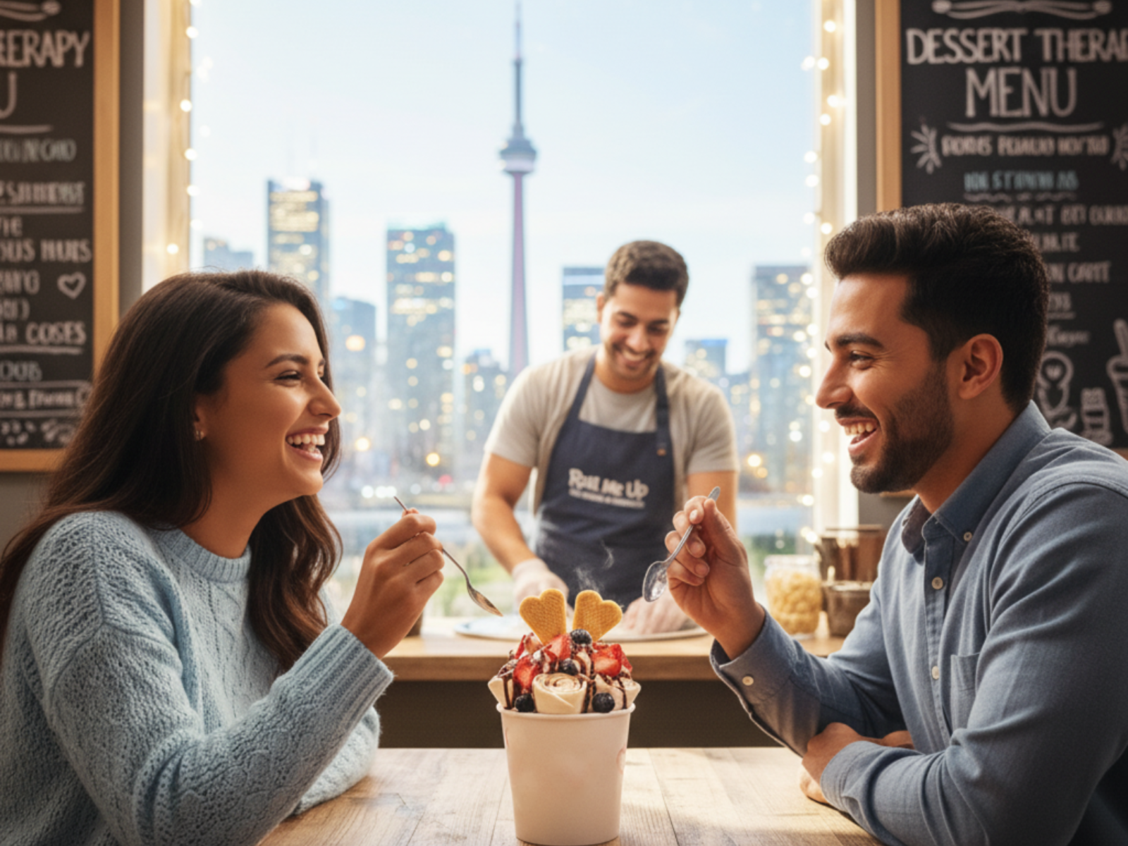 Couple sharing rolled ice cream with toppings during a dessert date