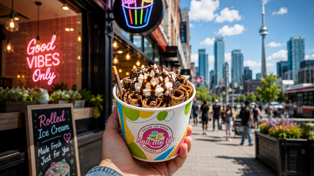 Freshly rolled ice cream cup held outside a Toronto dessert shop with the city skyline behind