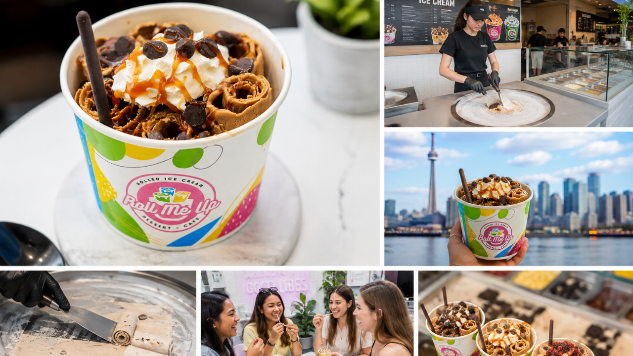 Collage of rolled ice cream being made on the pan, finished cups with toppings, and friends sharing dessert in Toronto