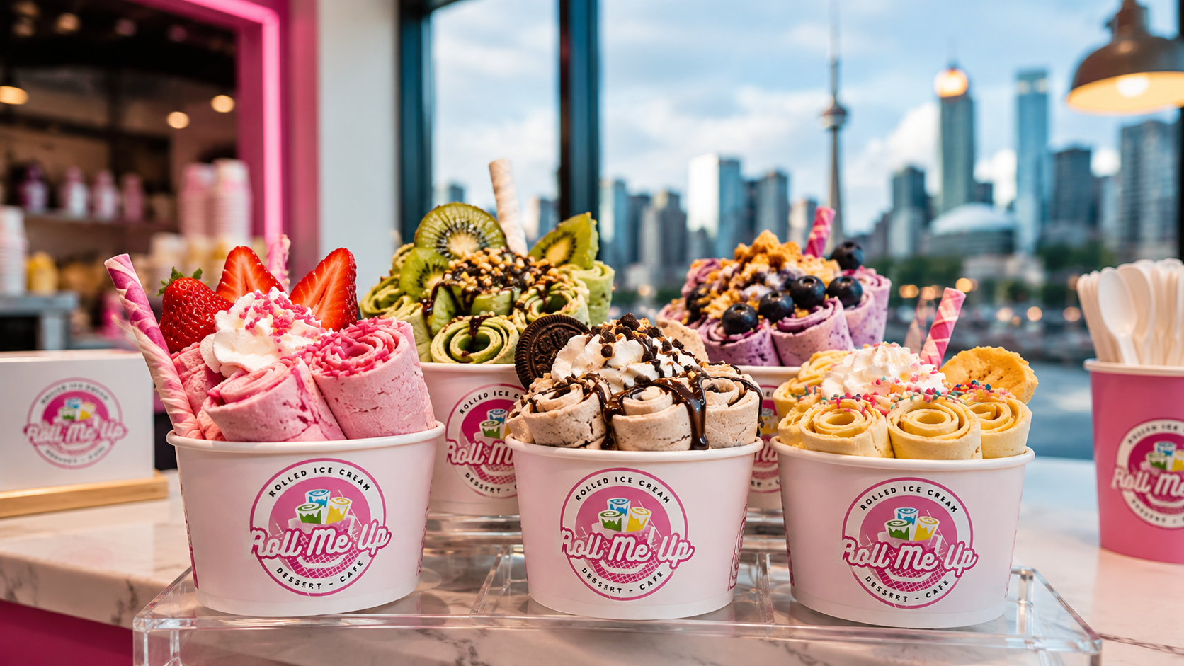 Rolled ice cream finished with fresh fruit, cookies, and colourful toppings